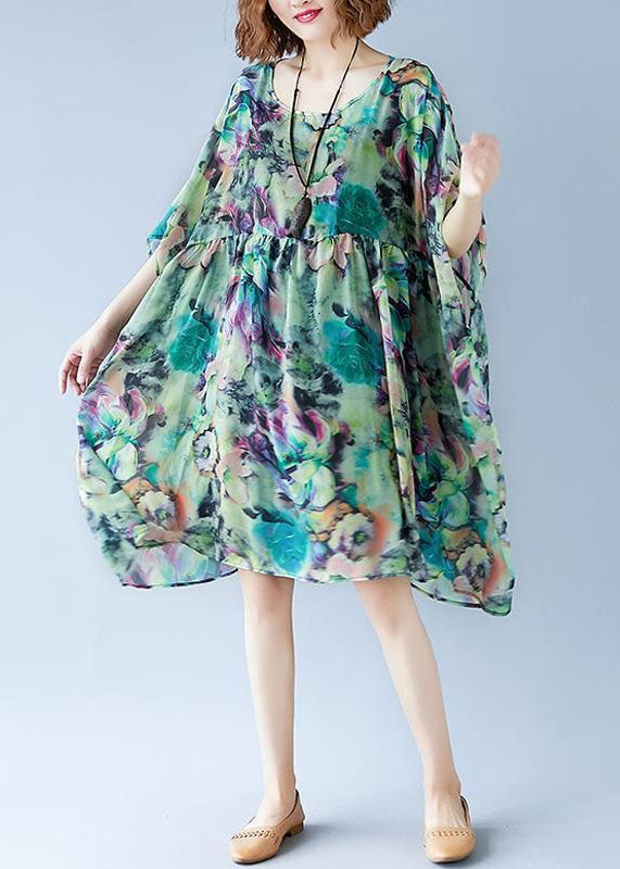 Green O Neck Print Patchwork Chiffon Dresses Summer