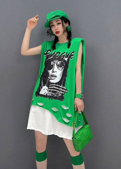 Green O-neck Print Patchwork Dress Sleeveless