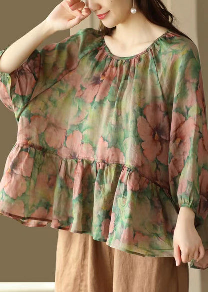 Green O Neck Print Patchwork Linen Shirts Summer