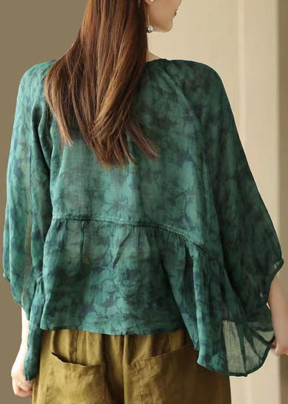 Green O Neck Print Patchwork Linen Shirts Summer
