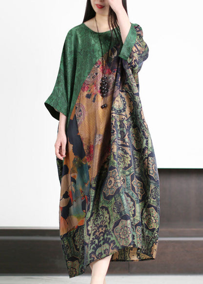 Green O Neck Print Patchwork Silk Holiday Dress Summer