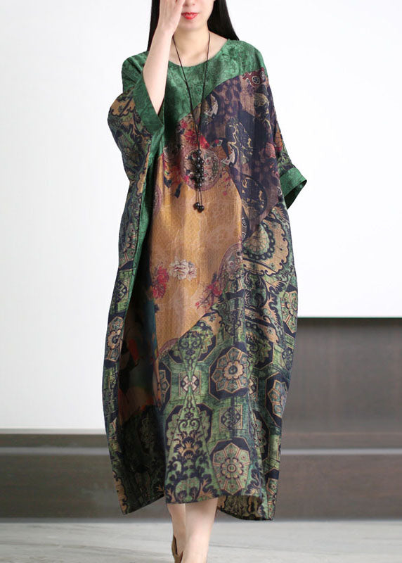 Green O Neck Print Patchwork Silk Holiday Dress Summer