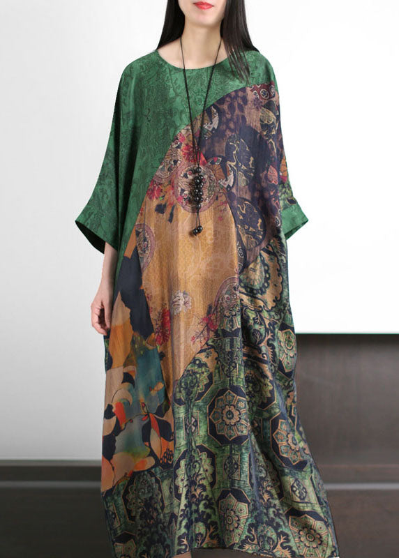 Green O Neck Print Patchwork Silk Holiday Dress Summer