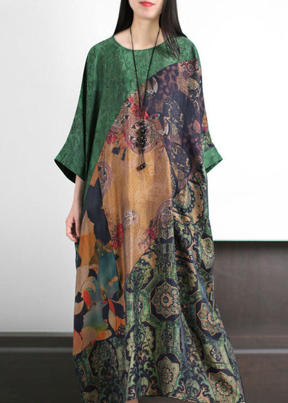 Green O Neck Print Patchwork Silk Holiday Dress Summer
