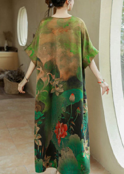 Green O Neck Print Cotton Blend Long Dresses Summer