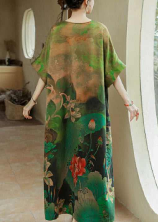 Green O Neck Print Cotton Blend Long Dresses Summer