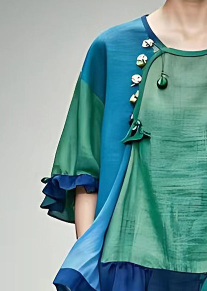 Green O-neck Ruffled Top Half Sleeve