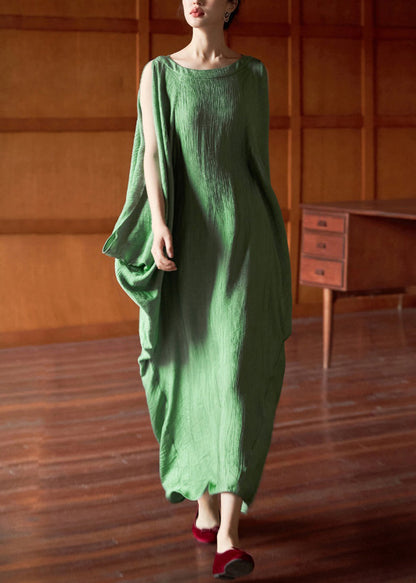 Green O Neck Cotton Long Dress Batwing Sleeve