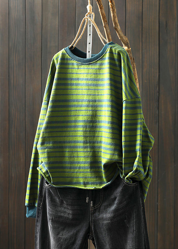 Green O Neck Striped Patchwork Cotton T Shirt Top Fall