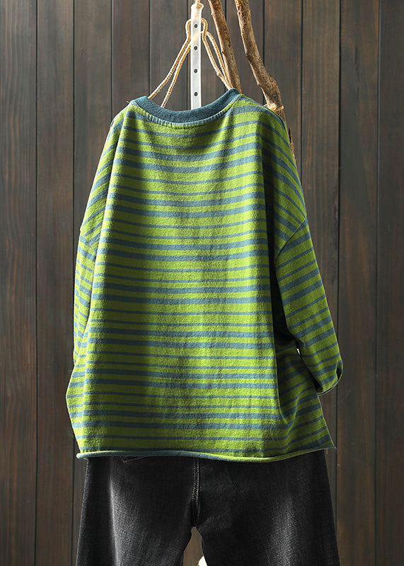 Green O Neck Striped Patchwork Cotton T Shirt Top Fall