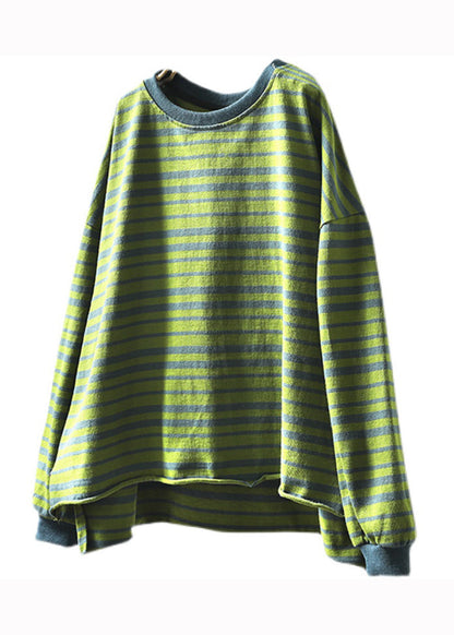 Plus Size Green O Neck Striped Patchwork Cotton T Shirt Top Fall