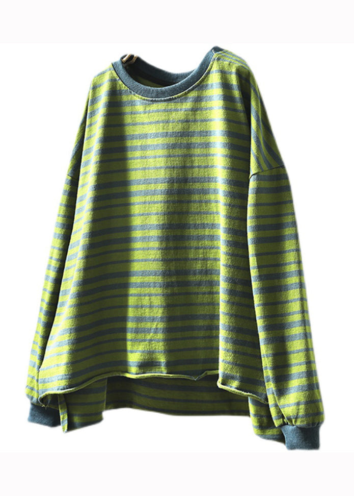 Green O Neck Striped Patchwork Cotton T Shirt Top Fall