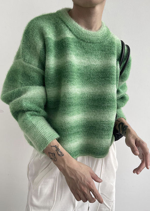 Green O-neck Striped Warm Knit Sweater Tops Winter