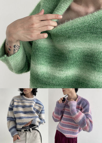 Green O-neck Striped Warm Knit Sweater Tops Winter