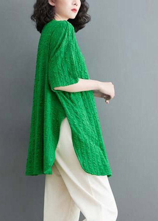 Green O-neck Wrinkled Cotton Top Short Sleeve