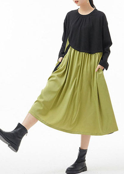 Green O-neck Wrinkled Patchwork Dresses Spring