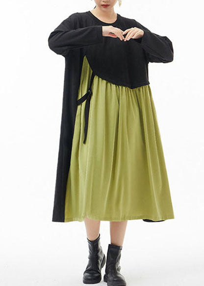 Green O-neck Wrinkled Patchwork Dresses Spring