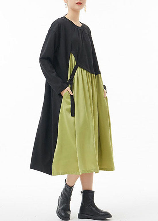 Green O-neck Wrinkled Patchwork Dresses Spring