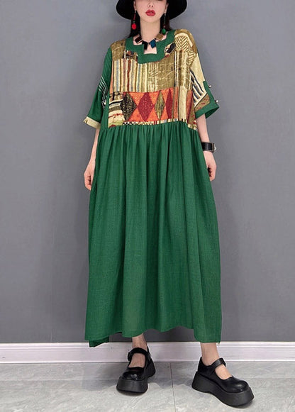 Green O-neck Wrinkled Patchwork Long Dress Half Sleeve