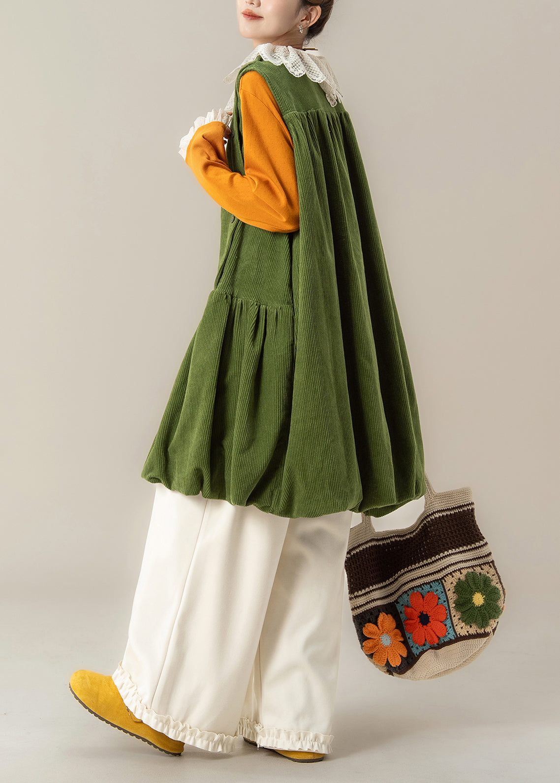 Green Oversized Corduroy Mid Dress Spring