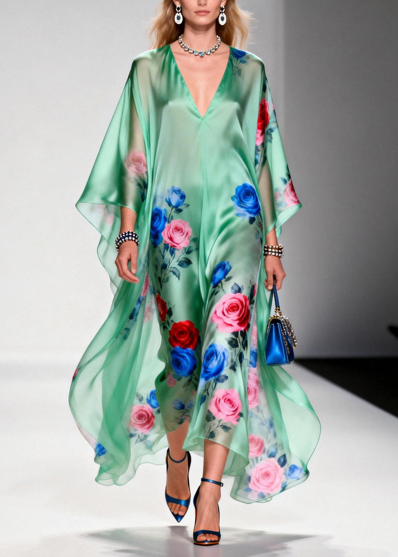 Green Oversized Print Chiffon Beach Dress Summer