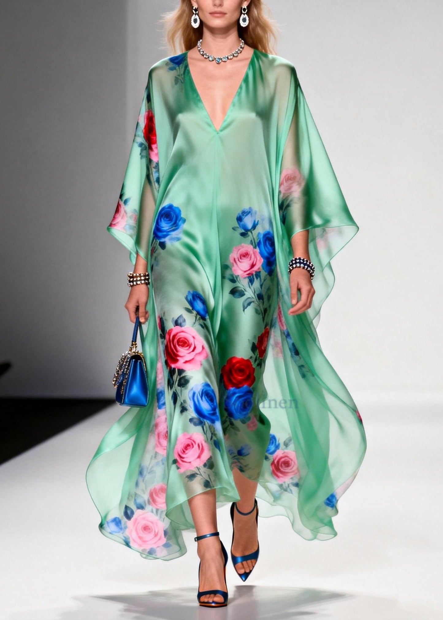 Green Oversized Print Chiffon Beach Dress Summer