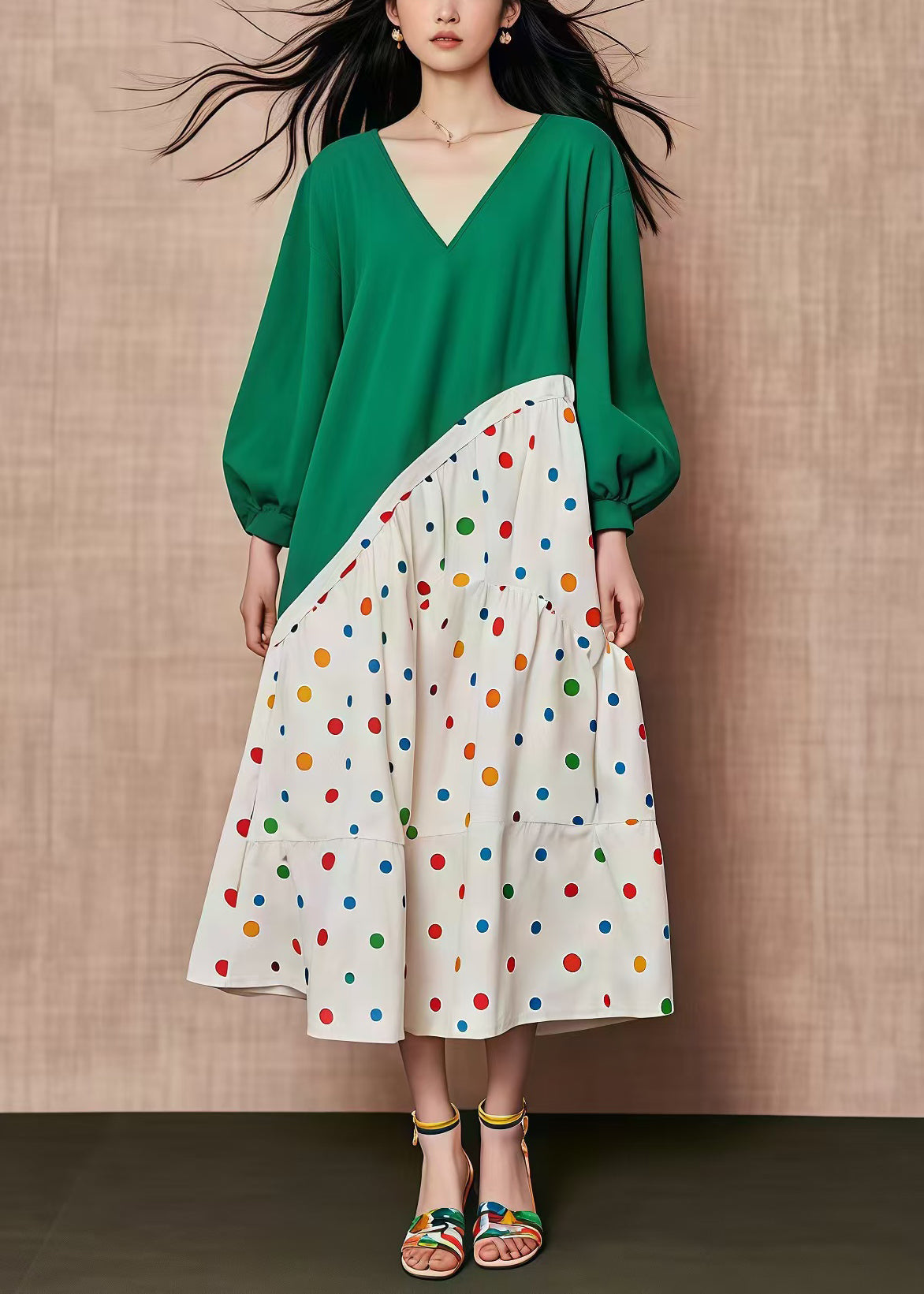 Green Oversized Patchwork Print Cotton Dresses Fall