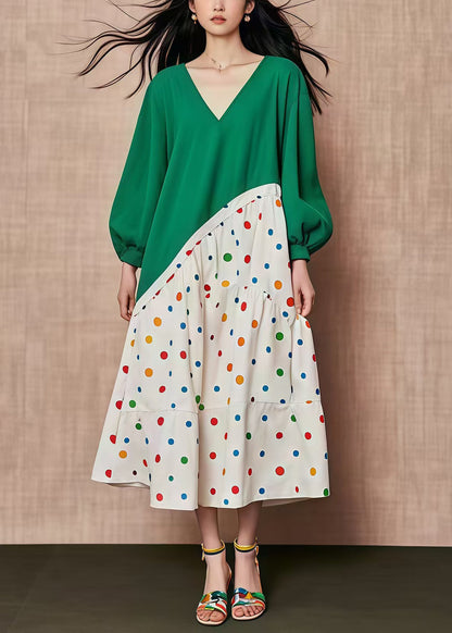 Green Oversized Patchwork Print Cotton Dresses Fall