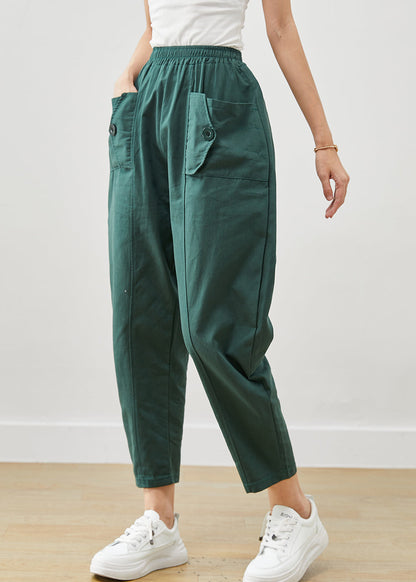 Green Oversized Pockets Cotton Harem Pants Fall