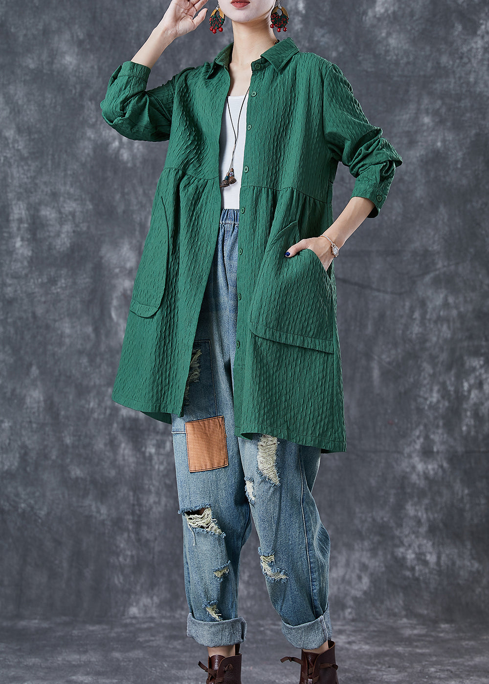 Green Oversized Pockets Cotton Trench Fall