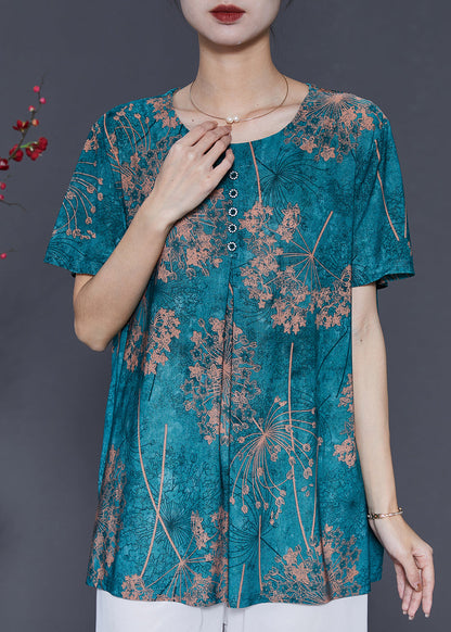 Green Oversized Print Silk Shirt Top Summer
