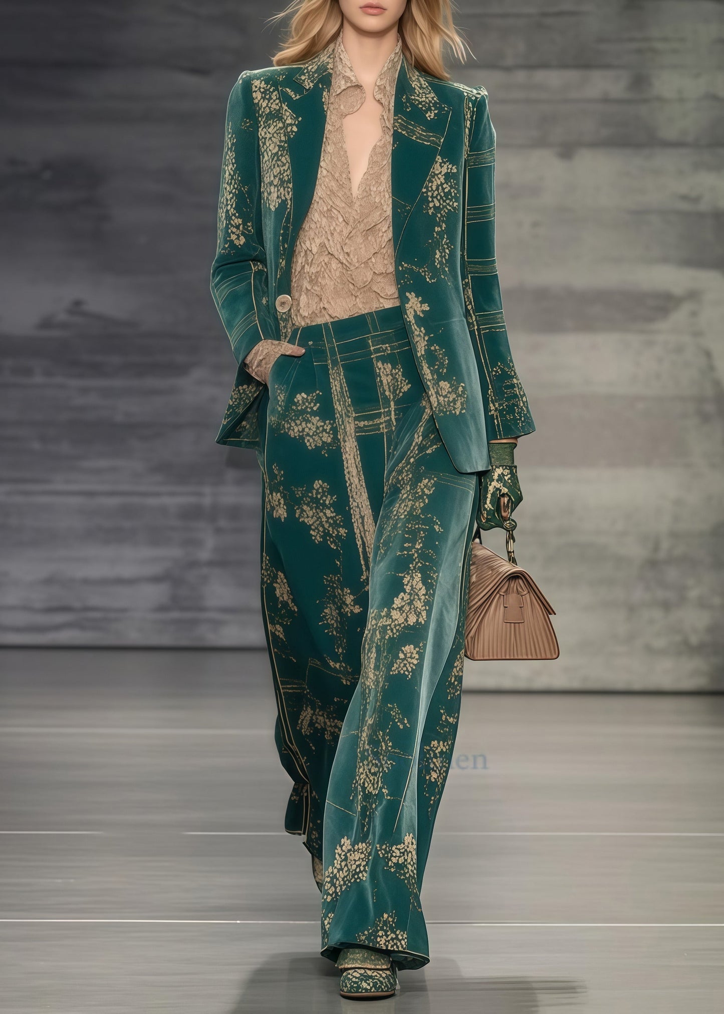 Green Oversized Print Spandex Coats and Straight Pants Two Piece Set Spring