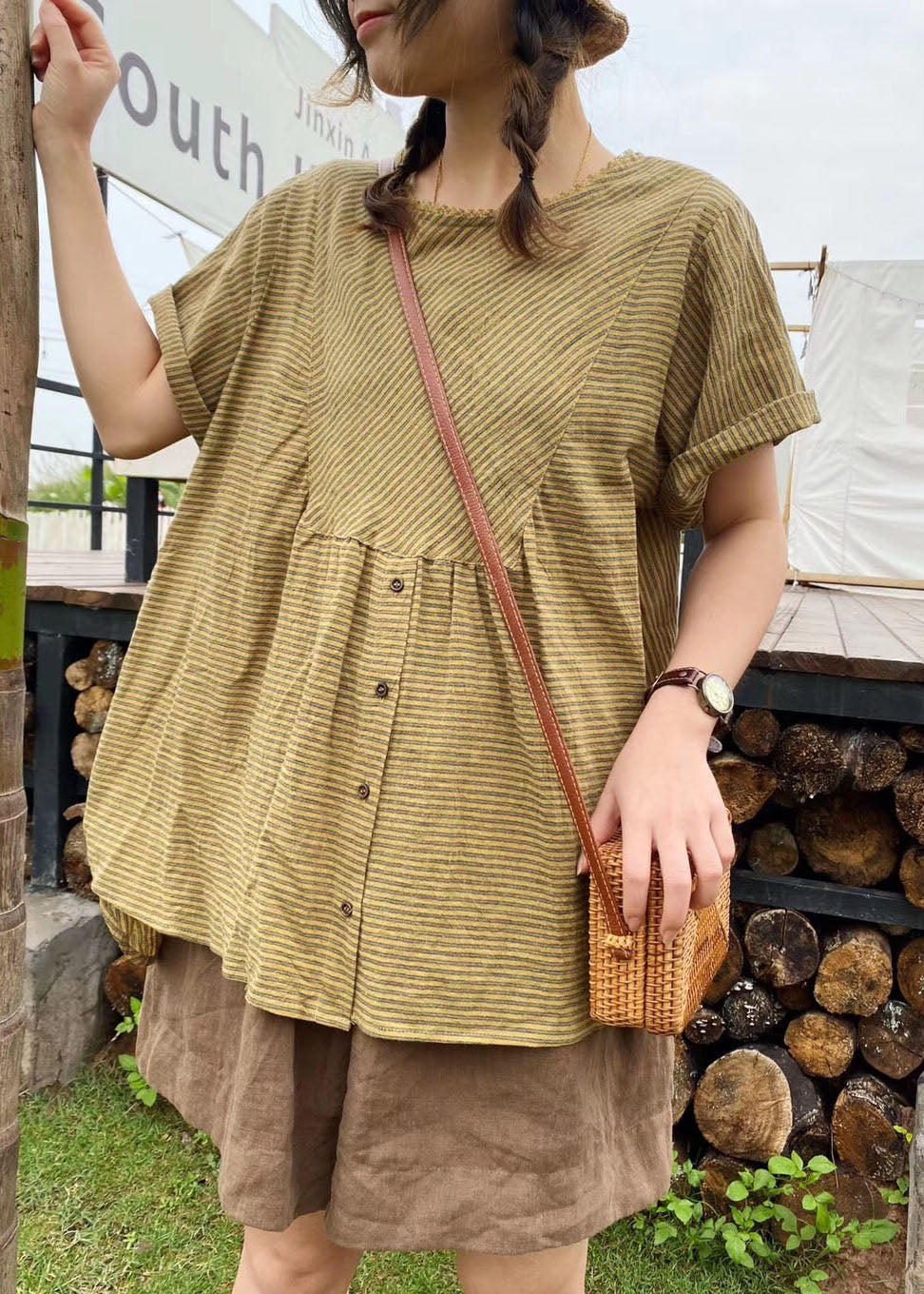 Green Patchwork Striped Linen Top Short Sleeve