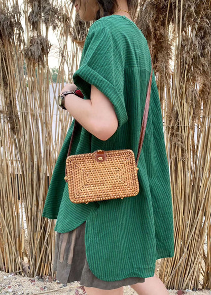Green Patchwork Striped Linen Top Short Sleeve