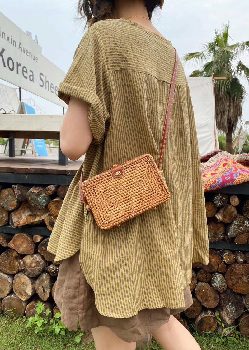 Green Patchwork Striped Linen Top Short Sleeve