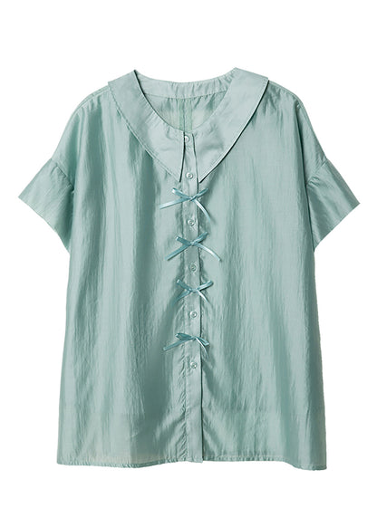 Green Peter Pan Collar Bow Chiffon Blouses Batwing Sleeve