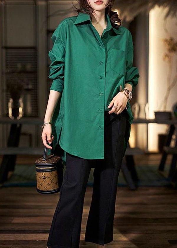 Green Peter Pan Collar Button Patchwork Cotton Shirts Long Sleeve