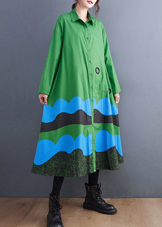 Green Peter Pan Collar Button Print Shirt Dress Spring