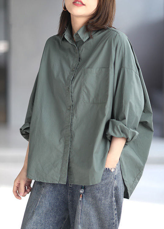 Green Peter Pan Collar Patchwork Cotton Shirt Top Spring
