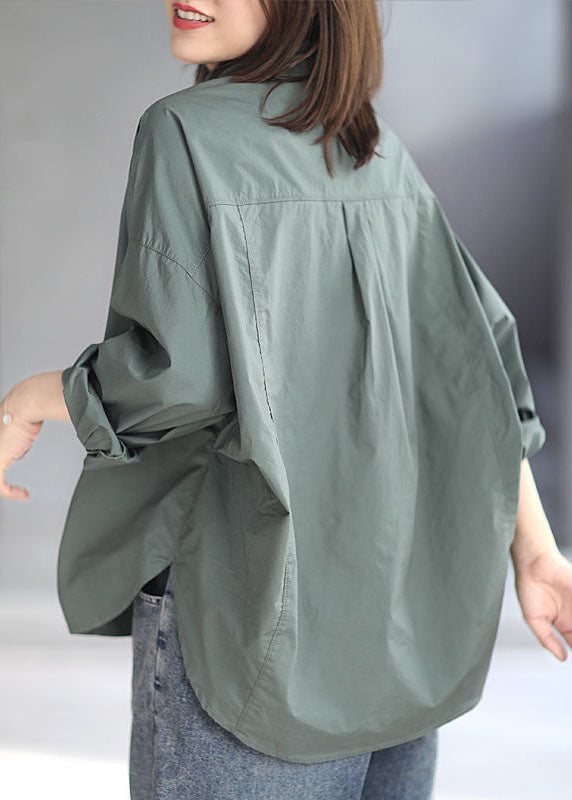 Green Peter Pan Collar Patchwork Cotton Shirt Top Spring