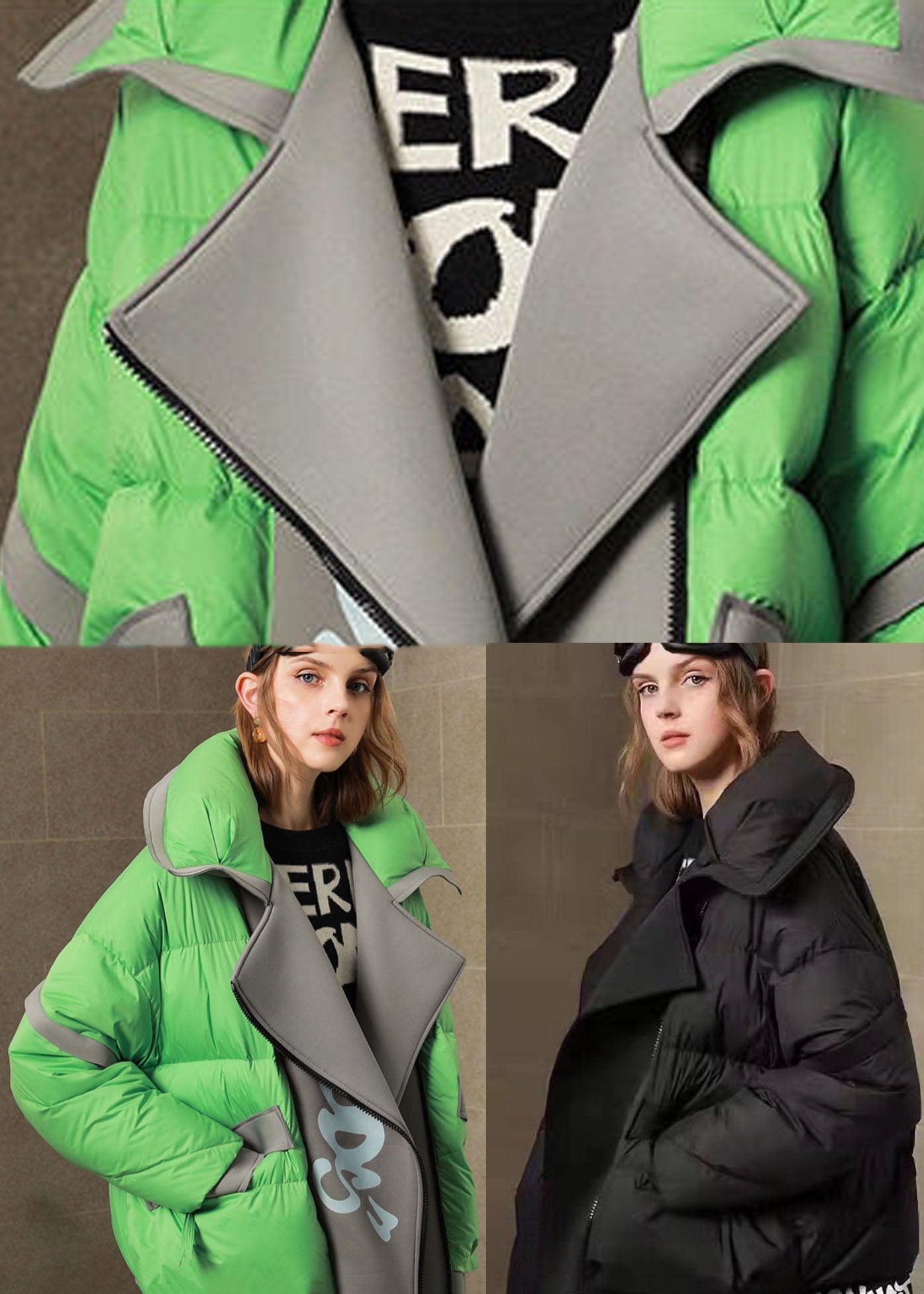 Green Peter Pan Collar Patchwork Duck Down Puffers Jackets Winter