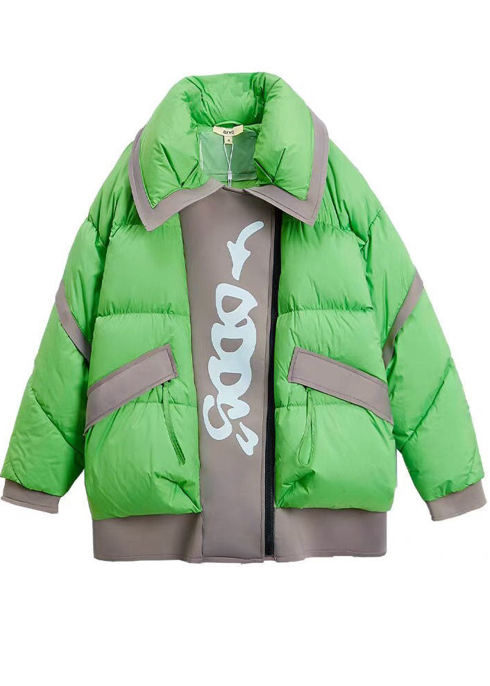 Green Peter Pan Collar Patchwork Duck Down Puffers Jackets Winter