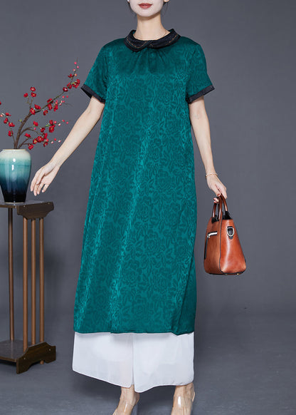 Green Peter Pan Collar Patchwork Jacquard Silk Dress Summer