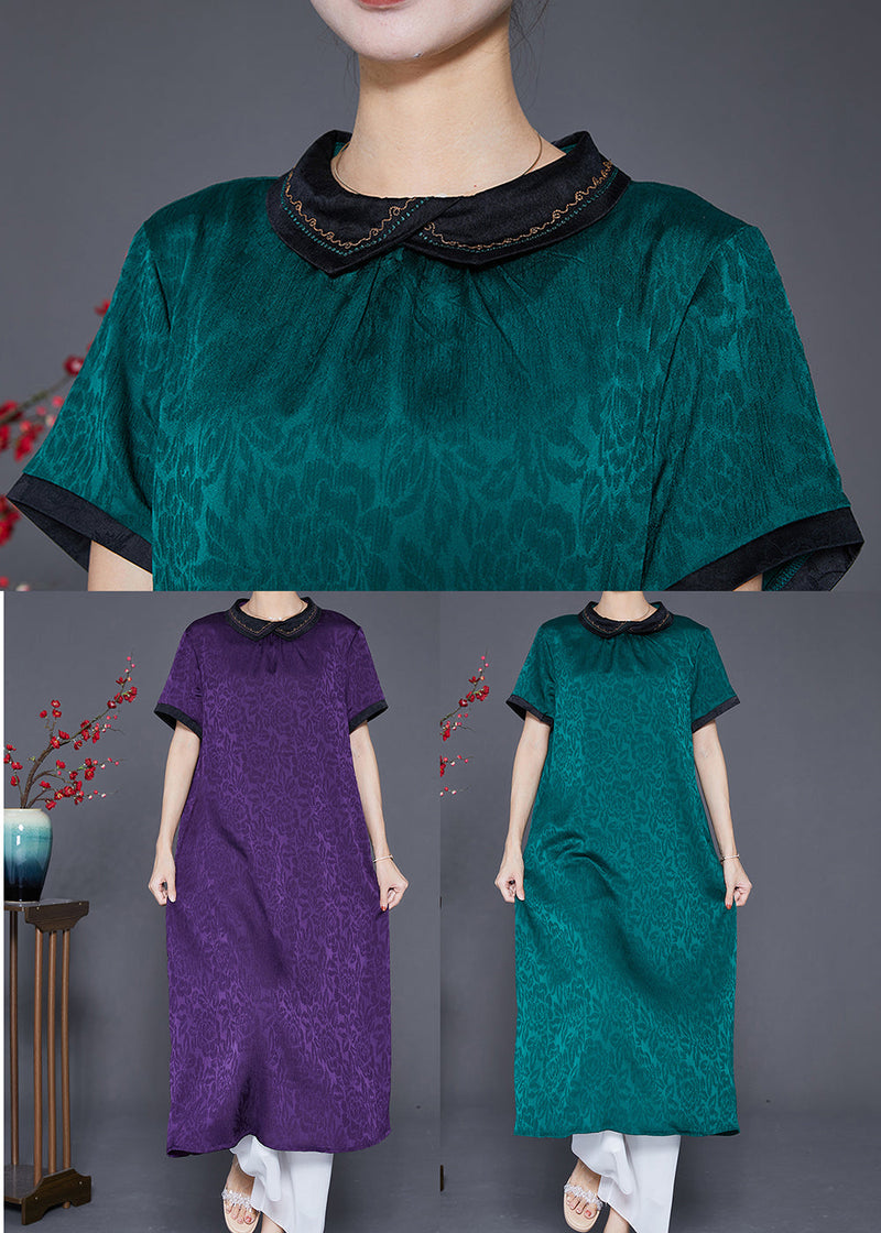 Green Peter Pan Collar Patchwork Jacquard Silk Dress Summer