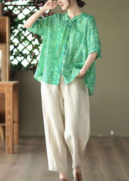 Green Peter Pan Collar Patchwork Linen Blouses Summer