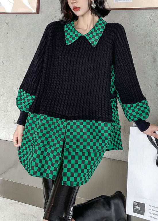 Green Peter Pan Collar Plaid Patchwork Knit Pullover Spring