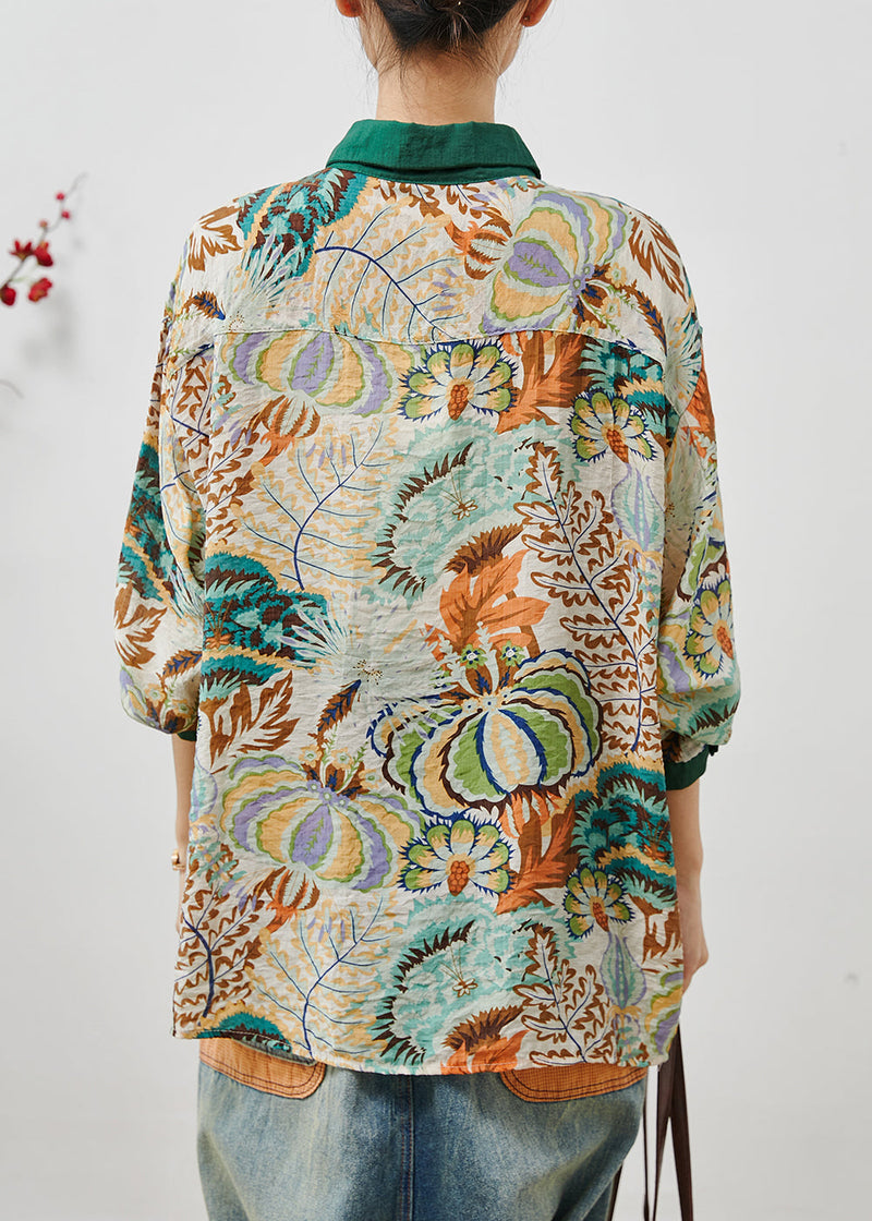 Green Peter Pan Collar Print Linen Blouses Summer