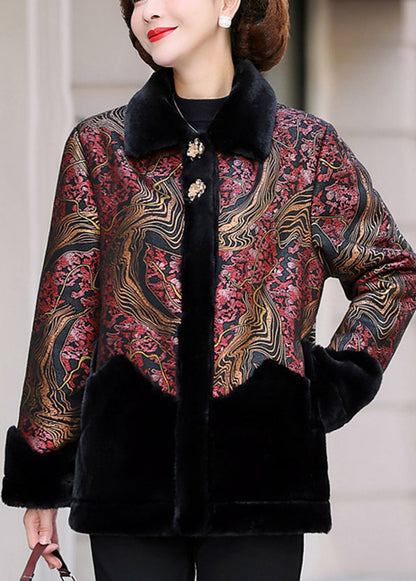 Green Peter Pan Collar Print Patchwork Faux Fur Coats Winter