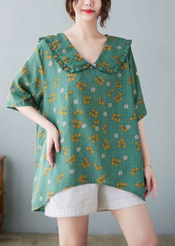 Green Peter Pan Collar Ruffled Print Linen Tops Half Sleeve