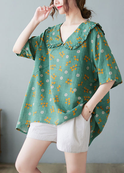 Green Peter Pan Collar Ruffled Print Linen Tops Half Sleeve